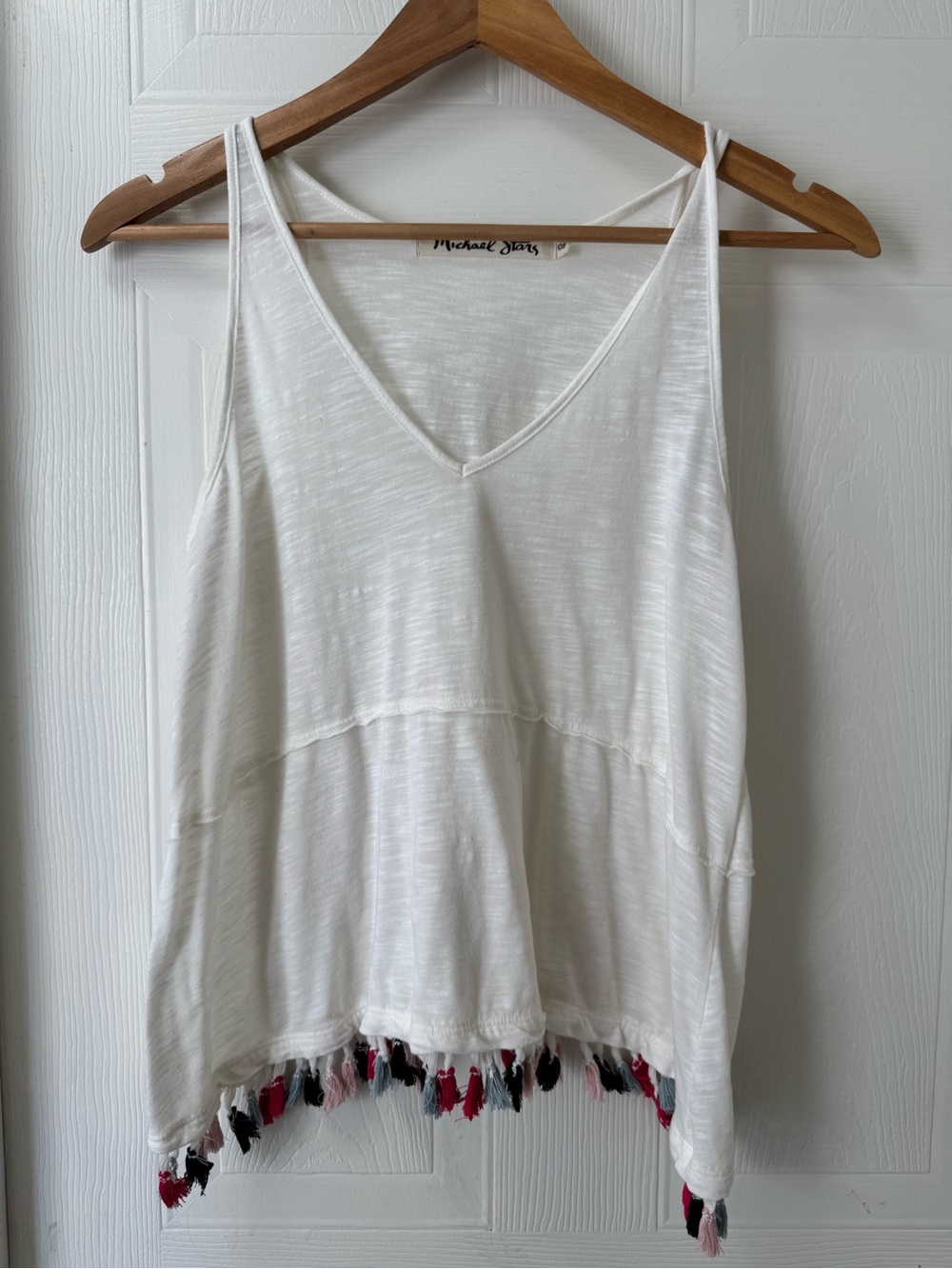 Michael Stars White V-Neck Tassel Trim Tank